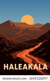 A primeira luz do dia ilumina a cratera Haleakalā, com rochas de lava fluindo acrescentando à paisagem dramática. 