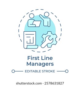 First line managers soft blue concept icon. Bottom positions in corporate supervision. Business career. Round shape line illustration. Abstract idea. Graphic design. Easy to use in presentation