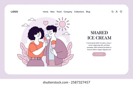 First Love concept. A heartwarming moment shared between two young people enjoying ice cream together outdoors. This illustration captures the joy and innocence of first love in a relaxed setting