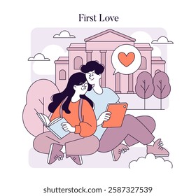 First Love concept. A joyful moment shared between two young individuals surrounded by nature and architecture. Capturing the innocence and excitement of young love, they engage in reading and digital