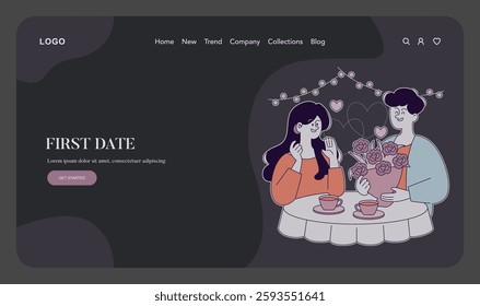 First Love concept. A romantic first date scene capturing the excitement and nervousness of new love. Two characters share a table adorned with roses and coffee, symbolizing connection and