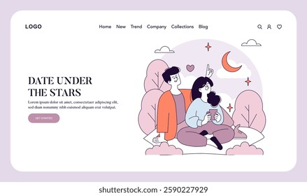 First Love concept. A romantic evening under the stars, capturing the essence of young love. A couple sits cozily, sharing moments of wonder and connection with a serene night sky backdrop. Vector