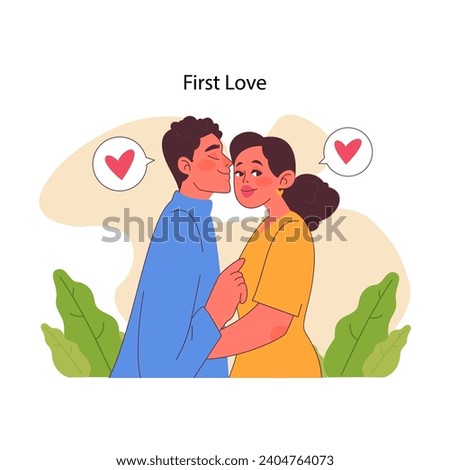 First Love concept. A tender moment between two teenagers, sharing affectionate glances and unspoken promises, capturing the innocence of young love. Flat vector illustration