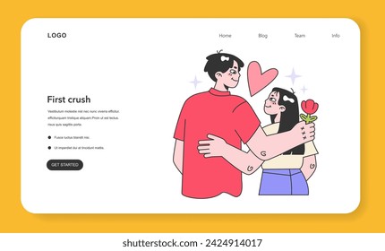 First love or crush web banner or landing page. Cute romantic couple, girl and guy on a date. Teenager years life milestones. Teen boy getting old and gain new experience. Flat vector illustration