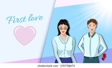 First love. The guy wants to give the girl flowers. Cartoon flat style vector illustration 
