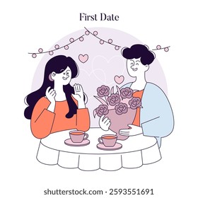 First Love illustration. A delightful scene of a couple enjoying their first date at a cozy table with coffee and flowers. Represents budding romance and joyful emotions in a charming setting. Vector