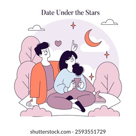 First Love illustration. A romantic scene captures a couple sitting together on a blanket beneath a starry sky. They share a joyful moment, pointing at the moon and sparkling stars, conveying warmth