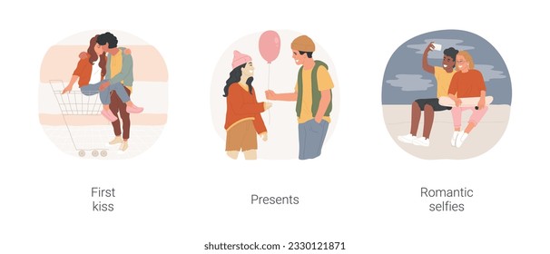 First love isolated cartoon vector illustration set. Teenagers having first kiss on parking lot, teen boy giving present to girl, young couple making romantic selfies, being in love vector cartoon.