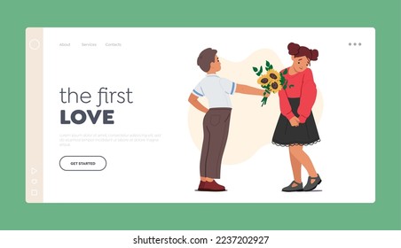 First Love Landing Page Template. Child Boy Giving Flowers to Girl Friend. Little Kid Character Presenting Beautiful Blossoms for Birthday Holiday Event Celebration. Cartoon People Vector Illustration