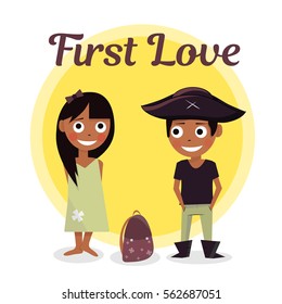 First love at school. The boy wants to help carry briefcase girls. Vector illustration of Valentines Day. Cartoon characters schoolchildren.