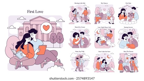 First Love set. Capturing the essence of young love through various heartfelt moments and experiences shared by couples. Memories of meeting in parks, sharing ice cream, and late-night conversations