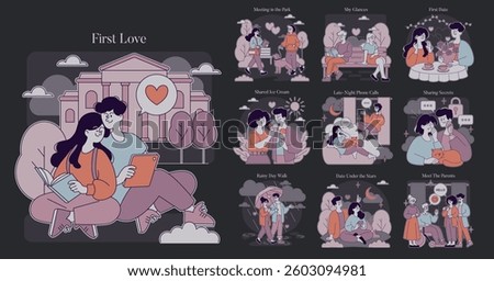 First Love set. Capturing moments of young love through shared experiences and tender interactions. Features park meetings, first dates, and secret exchanges. Emphasizes the innocence and joy of