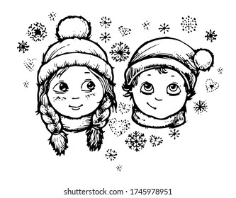 Primer vector de amor aislado. Amistad. Muchacho y chica. Caras. Sentimientos de los niños. Estilo de caricatura. Dibujo manual sobre un fondo blanco. Confusión, romance.