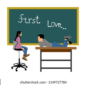 First love young boy and girl in classroom. Togetherness in front of blackboard. Teenagers tenderness and closeness. Teen shy couple on school class. Romance in puberty. Children friend on table chair