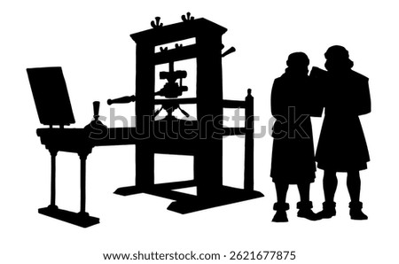 First male write 1 past age font offset paint roll device show white bible page journal text shop office house Line black color ink hand drawn rotary media gear sketch retro engrav copy clip art style
