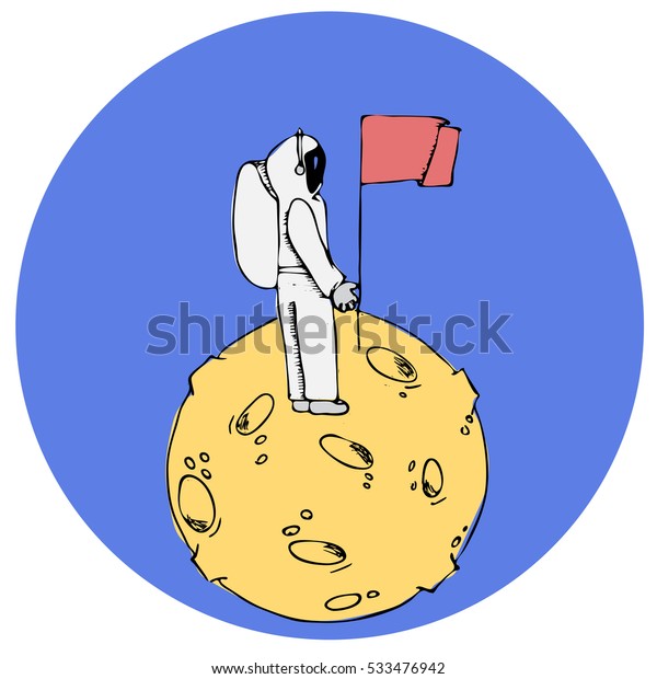 The first man on the moon has set the flag.\
Doodle hand-drawn vector\
illustration.