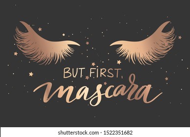 But first, mascara. Vector Handwritten Lashes quote and closed eyes with long black lashes. Golden Calligraphy phrase for beauty salon, lash extensions maker, decorative cards, beauty blogs.