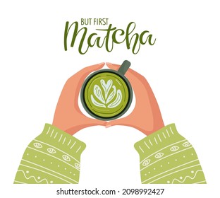 But first Matcha. Two hands with knitted sleeves holding cup of traditional Japanese foam drink. Flat vector illustration isolated on white, top view. Template of banner, poster. Cappuccino drink.