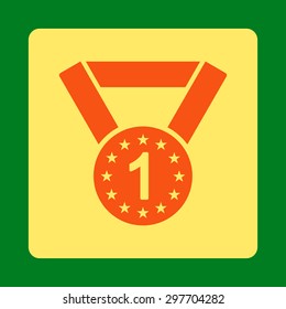 First medal icon from Award Buttons OverColor Set. Icon style is orange and yellow colors, flat rounded square button, green background.