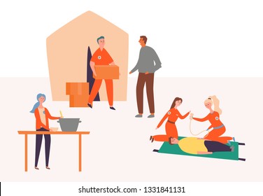 First Medical Aid Camp Volunteer Character Set. Young Girl Save Life of Guy. Man Bring Medical Box Supplies to Doctor Military Tent. Woman Cook Food to Help People. Flat Cartoon Vector Illustration