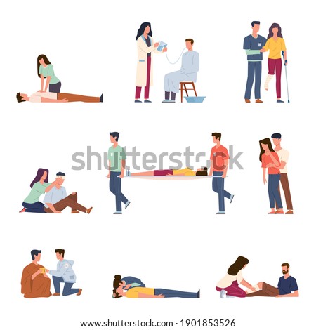First medical aid. Emergency help people in situations health threat, artificial respiration, gastric lavage, chest compressions. Reanimation and resuscitation. Vector flat cartoon isolated scenes set