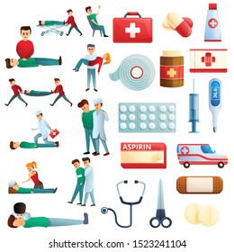 First medical aid icons set. Cartoon set of first medical aid vector icons for web design