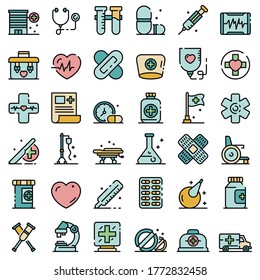 First medical aid icons set. Outline set of first medical aid vector icons thin line color flat on white