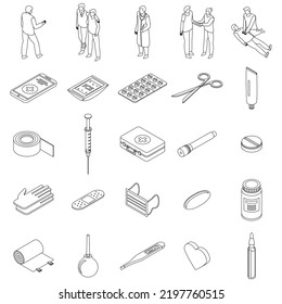 First medical aid icons set. Isometric set of first medical aid vector icons outline thin lne isolated on white