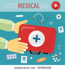First medical aid kit and its content. Thermometer pills drugs stethoscope plaster safety pins syringe. Equipment, medicine and hospital, healthcare and pharmacy, emergency and care. Vector