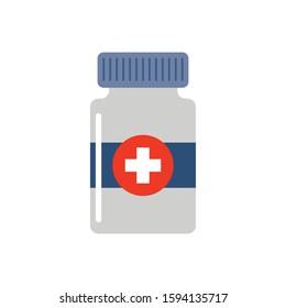 First medical aid symbol in the form of a jar with cross on it and with two pills in black and white colors. First medical aid Jar with two pills black color vector eps10. Medical bottle icon.