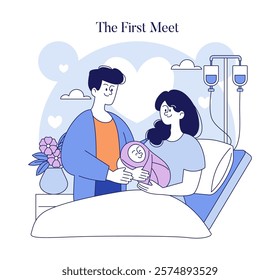 First Meet concept. A heartwarming illustration capturing parents with their newborn in a hospital setting. Tender family moment, joyful beginnings. Vector illustration.