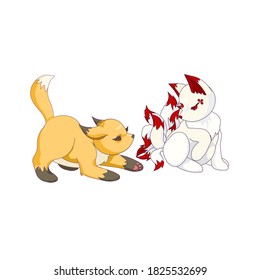 First meeting of Kumiho and Fox-cub on white isolated background, vector illustration in Cartoon style for prints, stories, stickers, icons for websites and social networks in Children’s goods field.