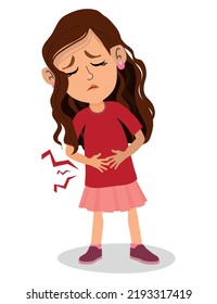 First Menstruation, Young Girl Feeling Menstrual Cramps, Girl Feeling Abdominal Pain On A White Background.