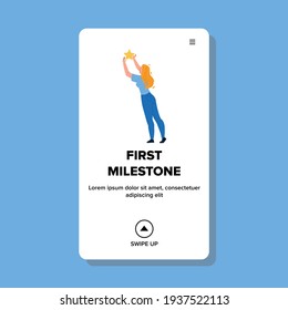 First Milestone Of Young Businesswoman Vector. Woman Adding Or Rating Star, First Milestone In Life. Character Professional Business Occupation And Lifestyle Web Flat Cartoon Illustration