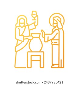 First miracle gradient linear vector icon. Jesus Christ turns water into wine. Wedding at Cana. New testament. Thin line color symbol. Modern style pictogram. Vector isolated outline drawing