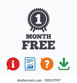 First month free medal with ribbon sign icon. Special offer symbol. Information think bubble, question mark, download and report.