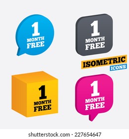 First month free sign icon. Special offer symbol. Isometric speech bubbles and cube. Rotated icons with edges. Vector