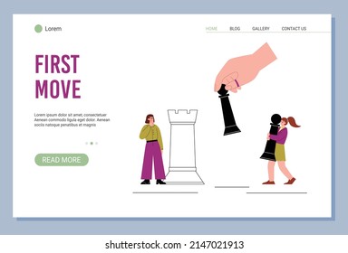 First move business concept for website or landing page, cartoon flat vector illustration. Web banner mockup with business people play chess strategy game.