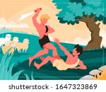 The first murder scene. Cain kills Abel. Christian bible character. Scripture history. Vector illustration.