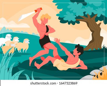 The first murder scene. Cain kills Abel. Christian bible character. Scripture history. Vector illustration.