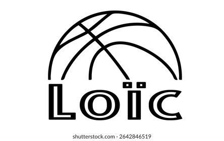 Loïc – first name in sporty style with a stylized basketball sketch. Black vector graphic, ideal for banners, cards, sweatshirts, prints, Cricut, Silhouette and sublimation projects.