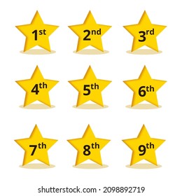 First to ninth yellow stars with light shadows on a transparent background, 1st to 9th yellow stars