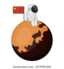 First on Mars. China Exploration Mars surface. Chinese astronaut on the Mars isolated white background. Perfect cosmic theme template design. Vector illustration. EPS 10