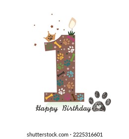 First one text candle.Paw prints and bone first birthday candle greeting card. Birthday greeting card
