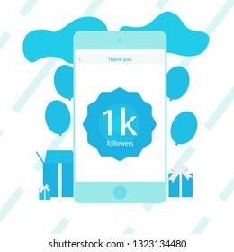 First one thousand followers in the social sites popularity. smartphone with balloons and surprise boxes in blue colors
