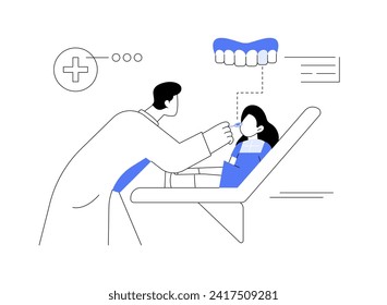 First orthodontist visit abstract concept vector illustration. Dentist with instruments examines kids teeth, overbite treatment, orthodontics sector, oral health, teeth crowding abstract metaphor.