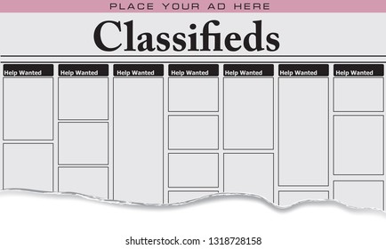 The first page of newspaper classifieds for Help wanted, Place your ad here