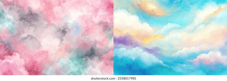 The first painting features a pink and blue swirl with a cloudy sky, creating a dreamy and ethereal atmosphere. The second painting showcases a blue sky with a pink and purple swirl