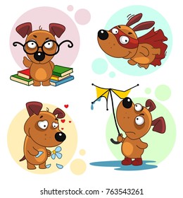 The First Part Of The Collection Of Icons With Dogs For Design. A Dog Scientist With Glasses And Books, A Flying Superman Dog Wearing A Mask And A Raincoat, A Loving Dog Guessing On A Flower, A Dog In