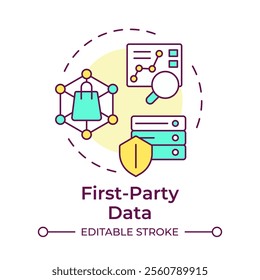 First party data multi color concept icon. Users interaction with company website analysis. Audience research. Round shape line illustration. Abstract idea. Graphic design. Easy to use in infographic
